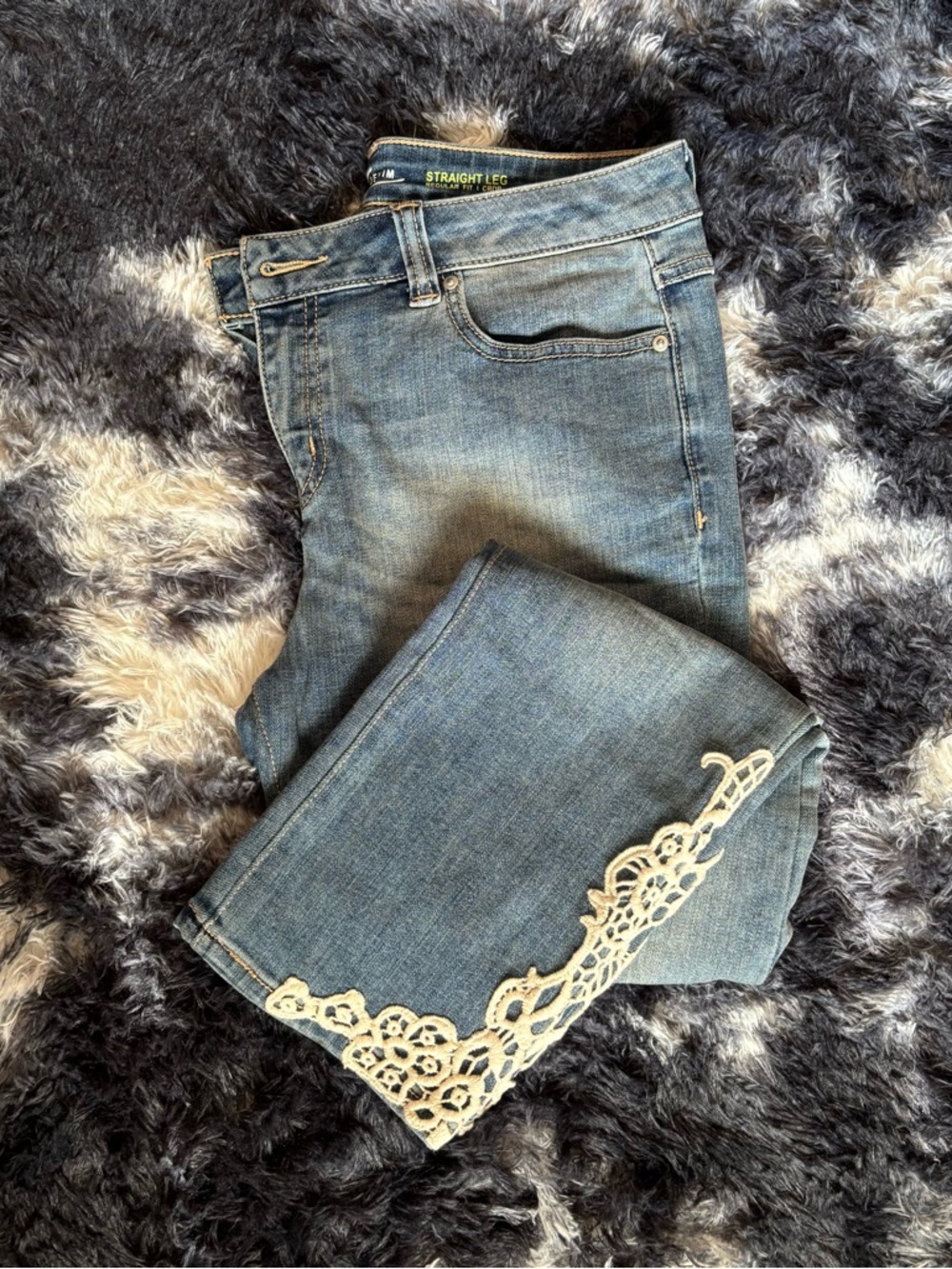 Inc Straight Leg Blue Crop Jeans with Lace Trim